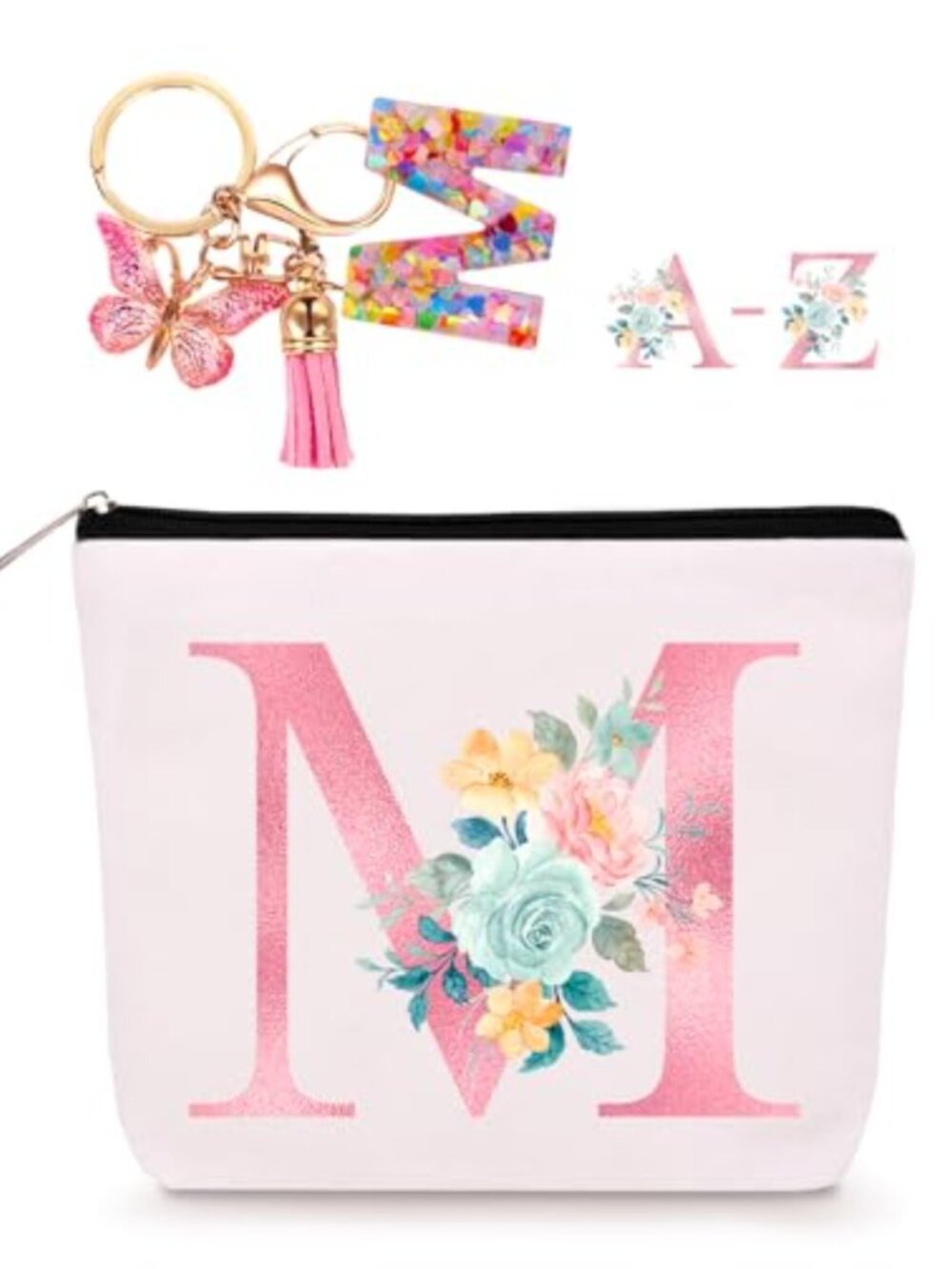 Personalized Canvas Makeup Bag with Initial Resin Keychain Travel Cosmetic Pouch